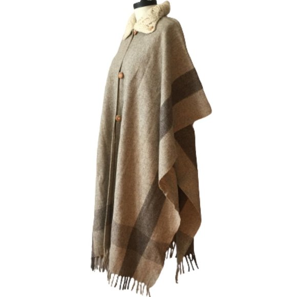NEW Vintage Wool Blanket Cape Cable Knit Collar Handmade Fringed Long Americana - Picture 8 of 16